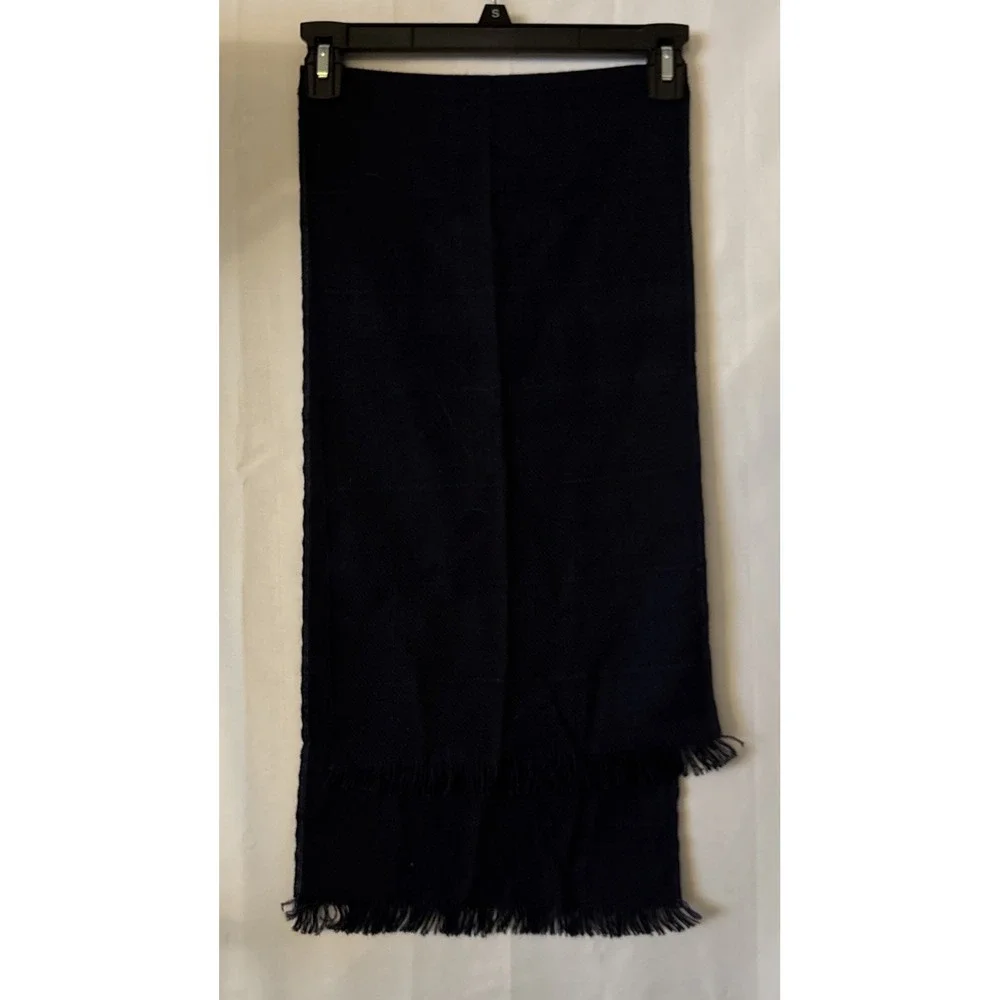2 Vintage Made in USA Navy Blue Fringe Superfine Acrylic Checked Scarf 12x50‎